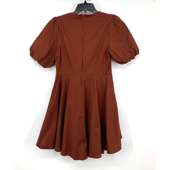 Fashion To Figure Dress Rust Brown V Neck Puff Short Sleeve - Picture 6 of 10